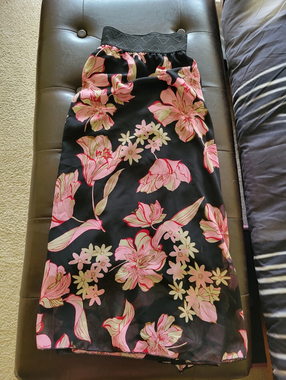 LuLaRoe Floral Pink & Black Midi Skirt with Elastic Waistband Lola